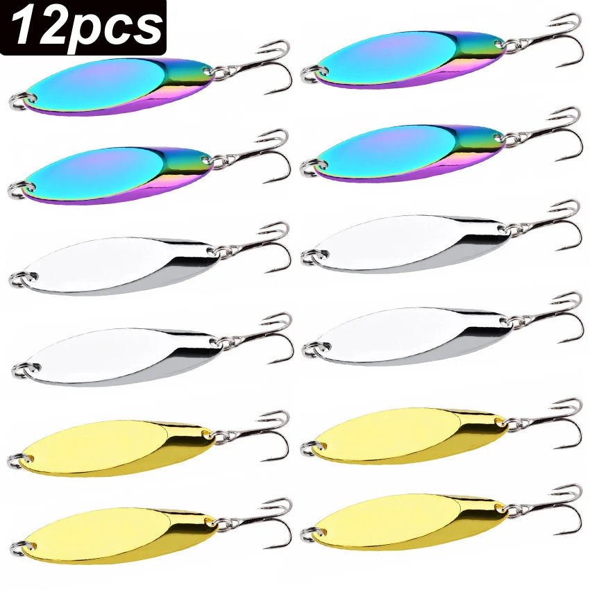 12Pcs Metal Spinner Spoon Lures Trout Fishing Lure Hard Bait Sequins Paillette Artificial Baits Spinnerbait Fish Tools 1.5G-56G