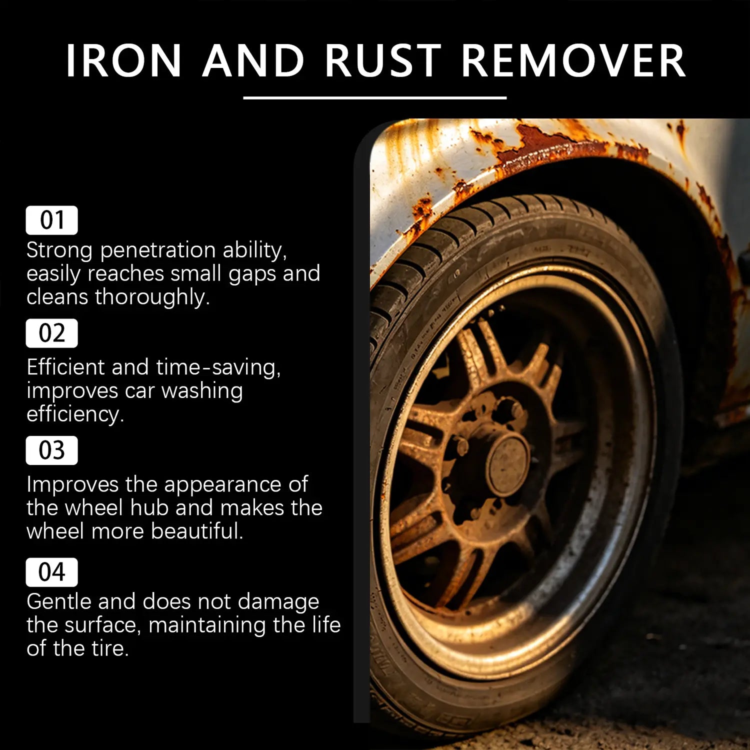120ML Automotive Rust Remover Spray - Fast-Acting Iron & Rust Cleaner for Wheels, Rims, Metal Surfaces - Car Detailing, Detailing Products Chemicals - Safe for Most Automotive Finishes, Cars, Motorcycles