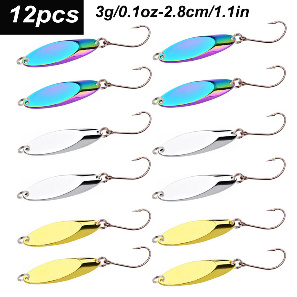 12Pcs Metal Spinner Spoon Lures Trout Fishing Lure Hard Bait Sequins Paillette Artificial Baits Spinnerbait Fish Tools 1.5G-56G