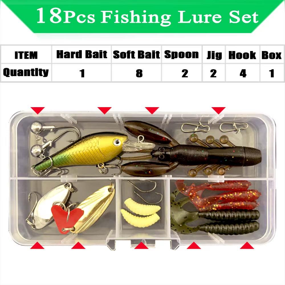 Fishing Lure Kit Soft and Hard Bait Set Gear Layer Minnow Metal Jig Spoon for Bass Pike Crank Tackle Accessories with Box